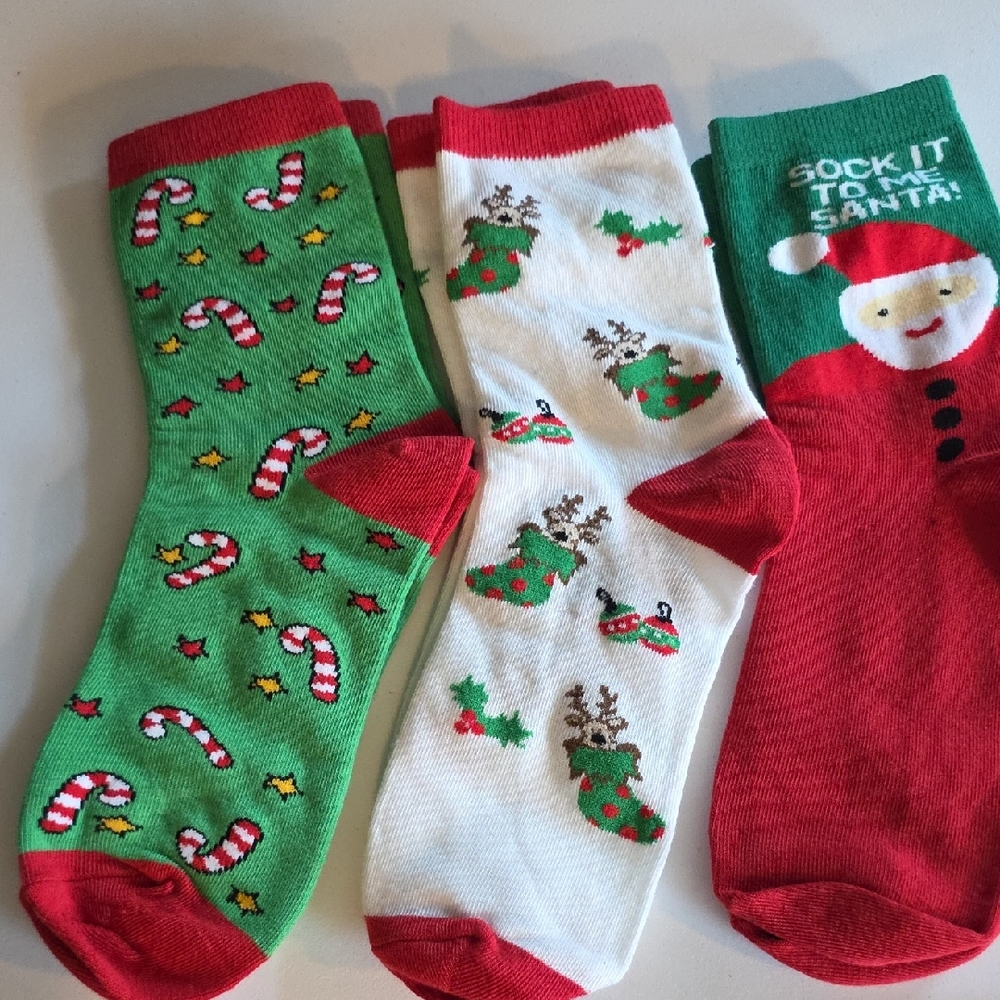 Festive Christmas Socks Set Of 3- Santa, Reindeer, And Candy Cane NWT